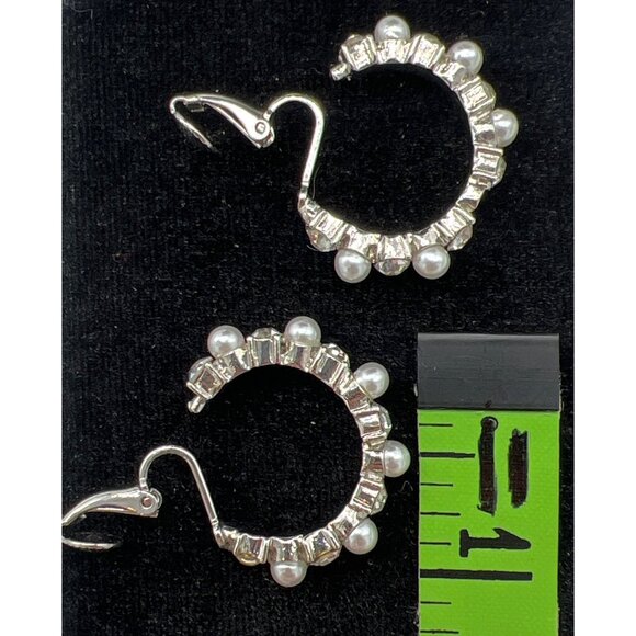 Silver-Tone Hoop Earrings With Faux Pearls & Rhinestones Clip-On Style - Picture 6 of 6